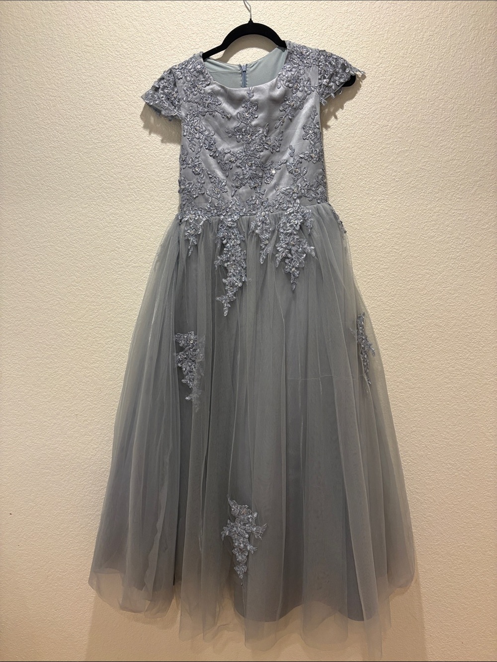 JJs House Dusty Blue Lace Appliqué Tulle Formal Dress for Girls